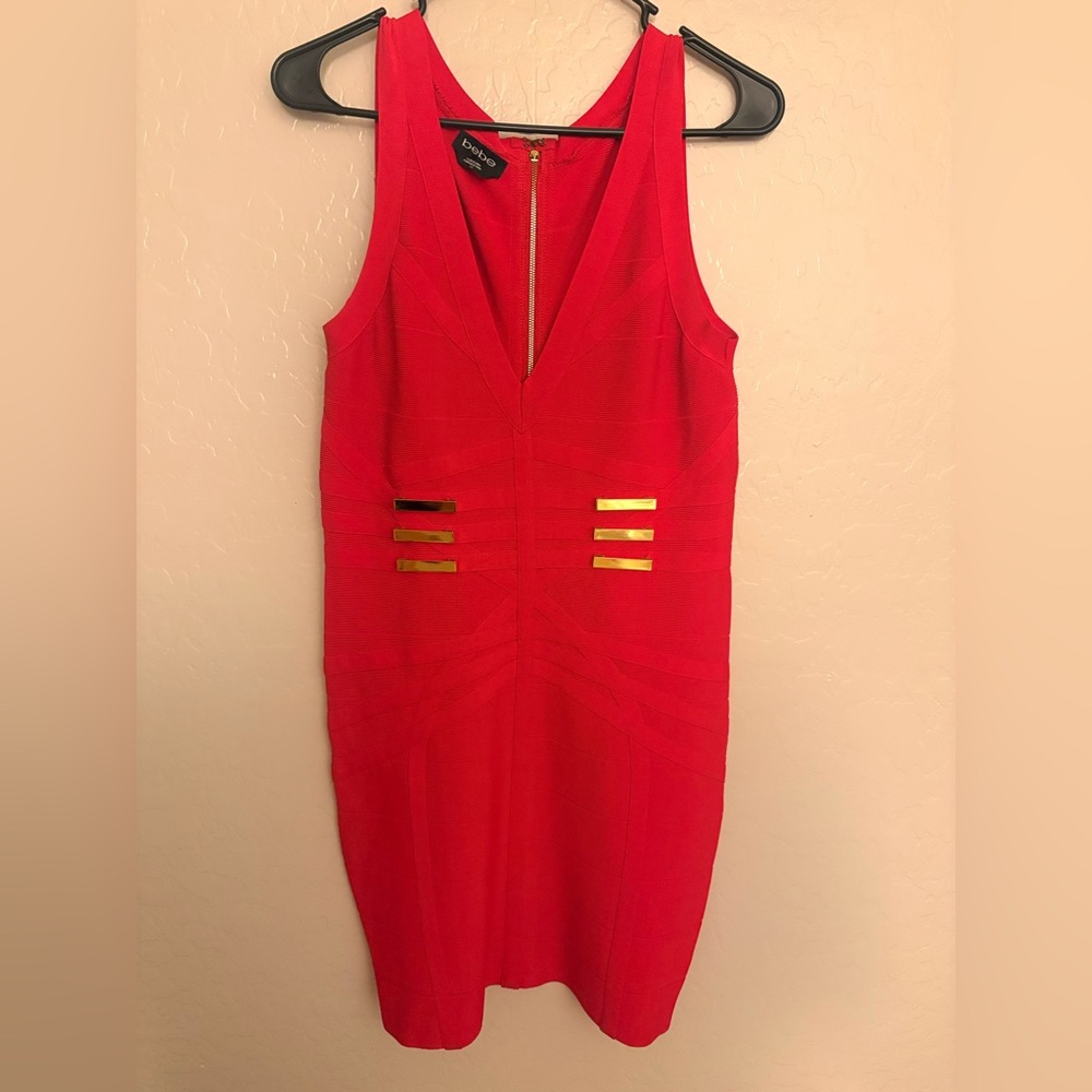 bebe Vibrant Red Midi Dress with Gold Accents